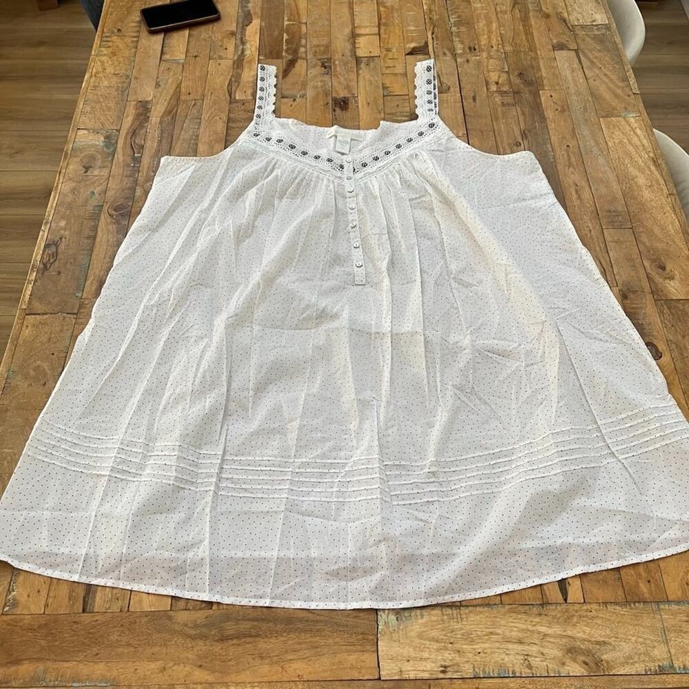Eileen West Polka Dot Nightgown 3X Lace Ribbon Neckline 100% Cotton Sleeveless